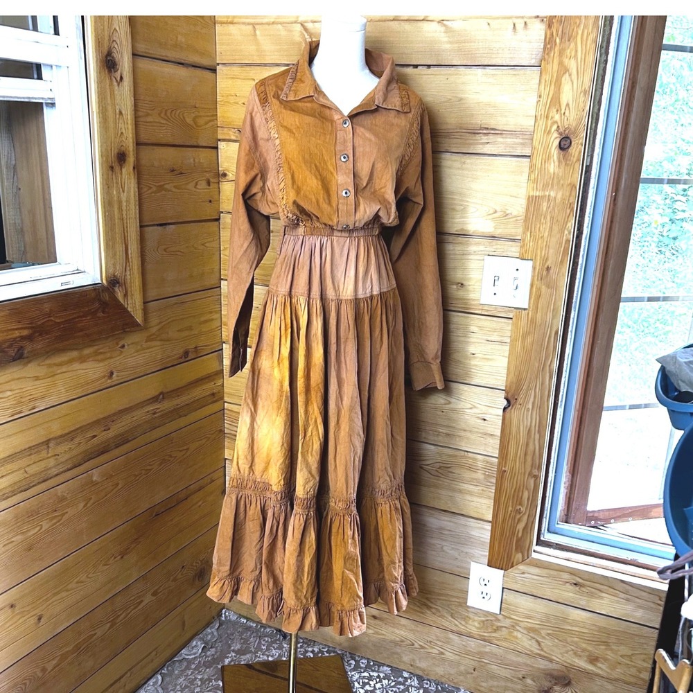 Vintage Prairie Dress Women Small Terracotta Ruffle Tiered Maxi Varda Garfinkel